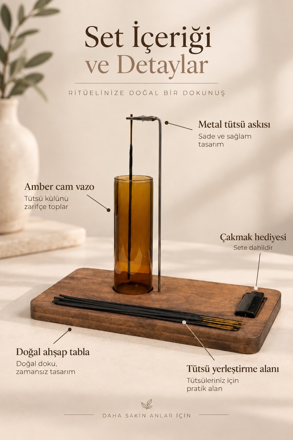 ALQUA çakmaklı ahşap tütsülük setinin içeriği: ahşap tabla, amber cam hazne, metal tütsü askısı ve çakmak